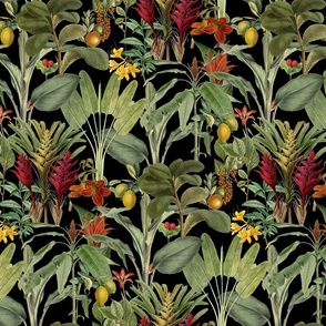 Tropical Jungle Garden Vintage Botanical Pattern On Black Background Smaller Scale
