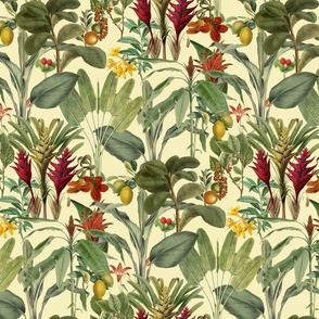 Tropical Jungle Garden Vintage Botanical Pattern On Cream Yellow Smaller Scale