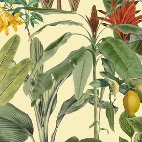 Tropical Jungle Garden Vintage Botanical Pattern On Cream Yellow