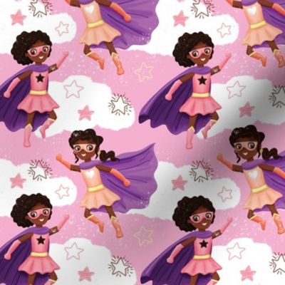 Black African American superhero girls with clouds pink Wb22