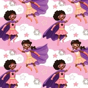 Black African American superhero girls with clouds pink Wb22