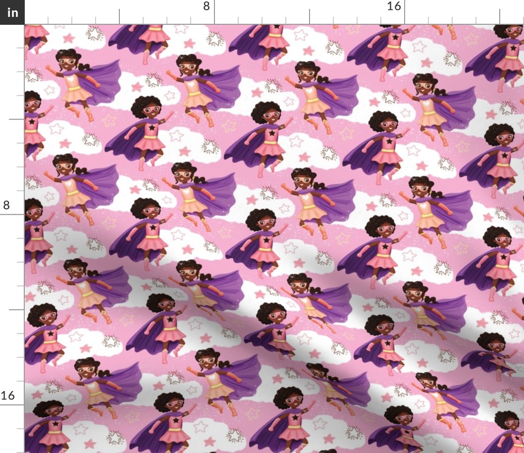 Black African American superhero girls with clouds pink Wb22