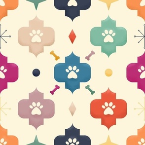 Midcentury shaded geometric colorful paw print. Geometric flowers and paw prints.