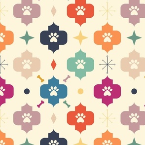 Midcentury geometric colorful paw print. Geometric flowers and paw prints.