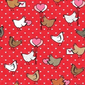 Cute Valentine's Day Chickens - farm valentine - red w/ hearts - LAD22