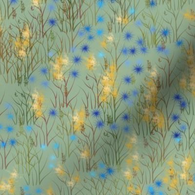 Sage Green Gold and Blue Wildflower Field