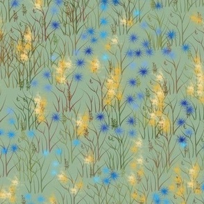 Sage Green Gold and Blue Wildflower Field