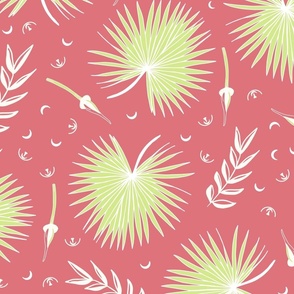 Quail Palm leaves and Poppy Buds Large scale on watermelon pink