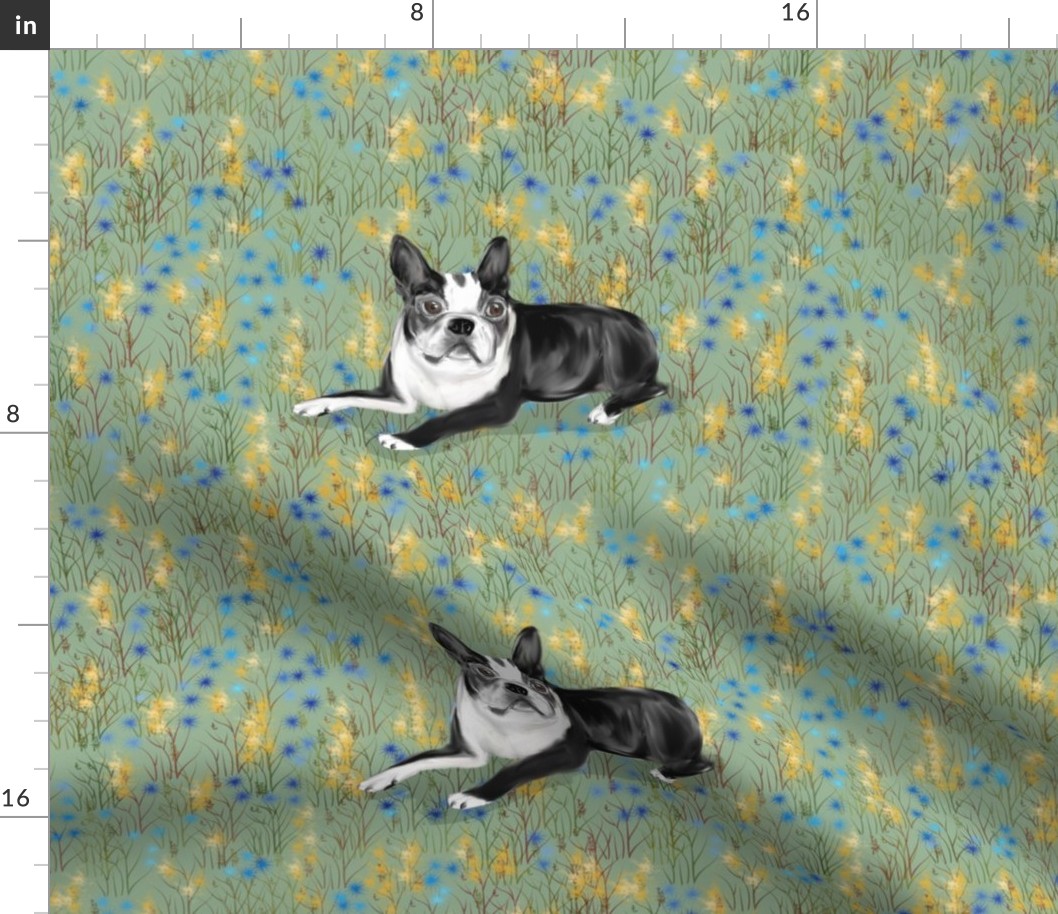 Custom Bella Boston Terrier on Blue and Gold Eight to a yard of 42 inch wide fabric