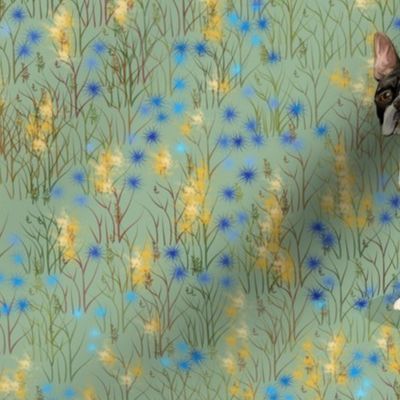 Custom Standing Boston Terrier on Blue and Gold Eight to a yard of 42 inch wide fabric