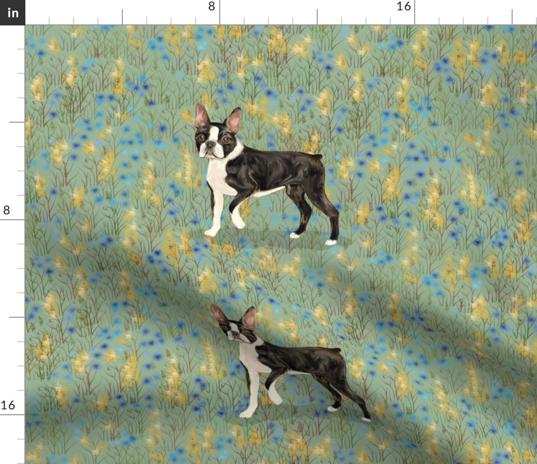 Custom Standing Boston Terrier on Blue and Gold Eight to a yard of 42 inch wide fabric