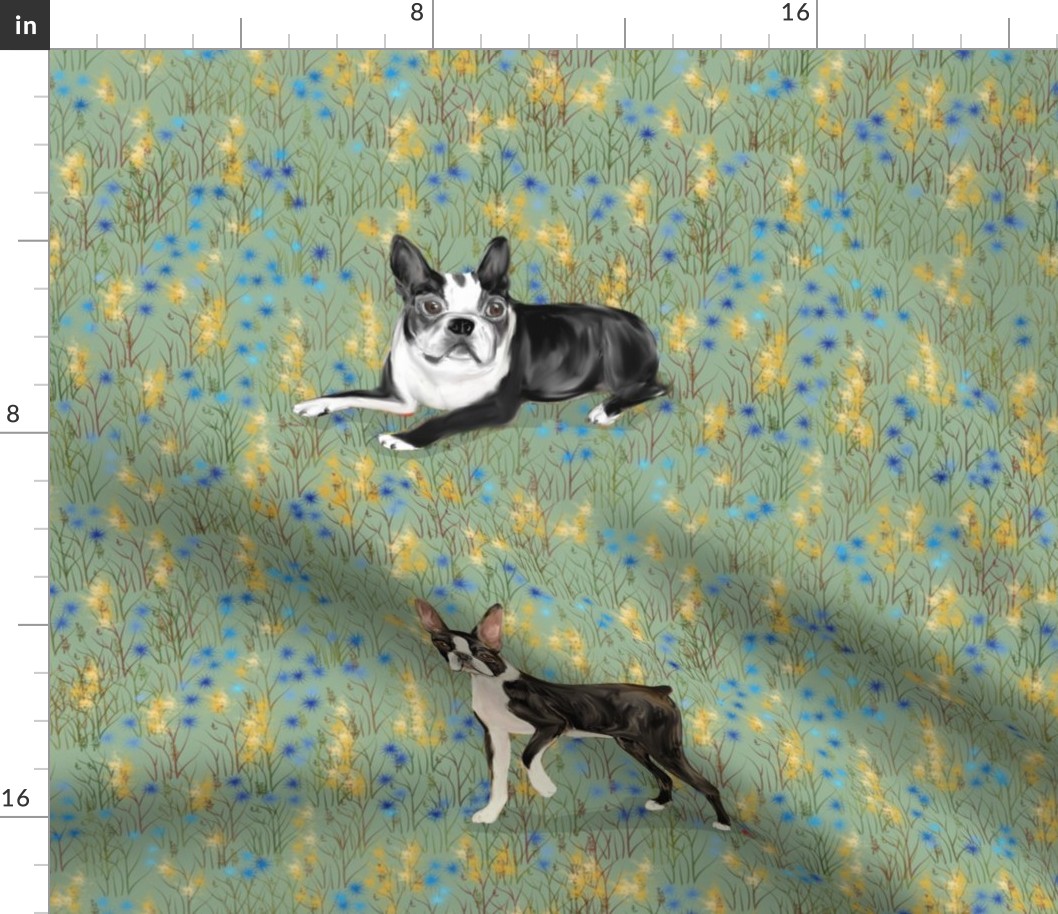 Custom Bella and Standing Boston Terrier on Blue and Gold Eight to a yard of 42 inch wide fabric
