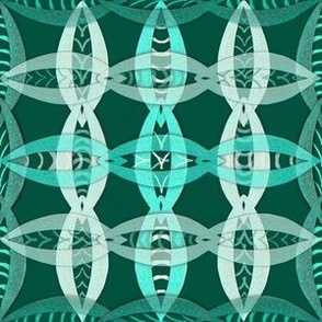Interlaced textured ovals in tile geometric coordinate small Deep green, turquoise, white, teal