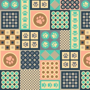 Postmodern Pet Paw Prints Checkerboard Geometric in Retro Gray Turquoise Blush Blue Brown - MEDIUM Scale - UnBlink Studio by Jackie Tahara