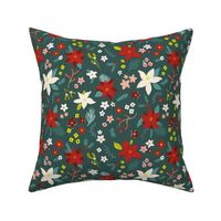 Christmas poinsettia floral, , retro green paired with rich crimson, medium scale