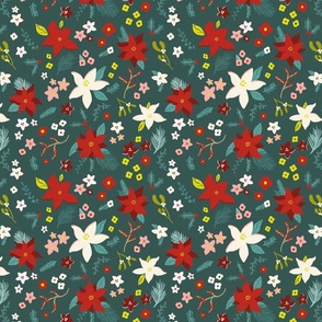 Christmas poinsettia floral, , retro green paired with rich crimson, medium scale