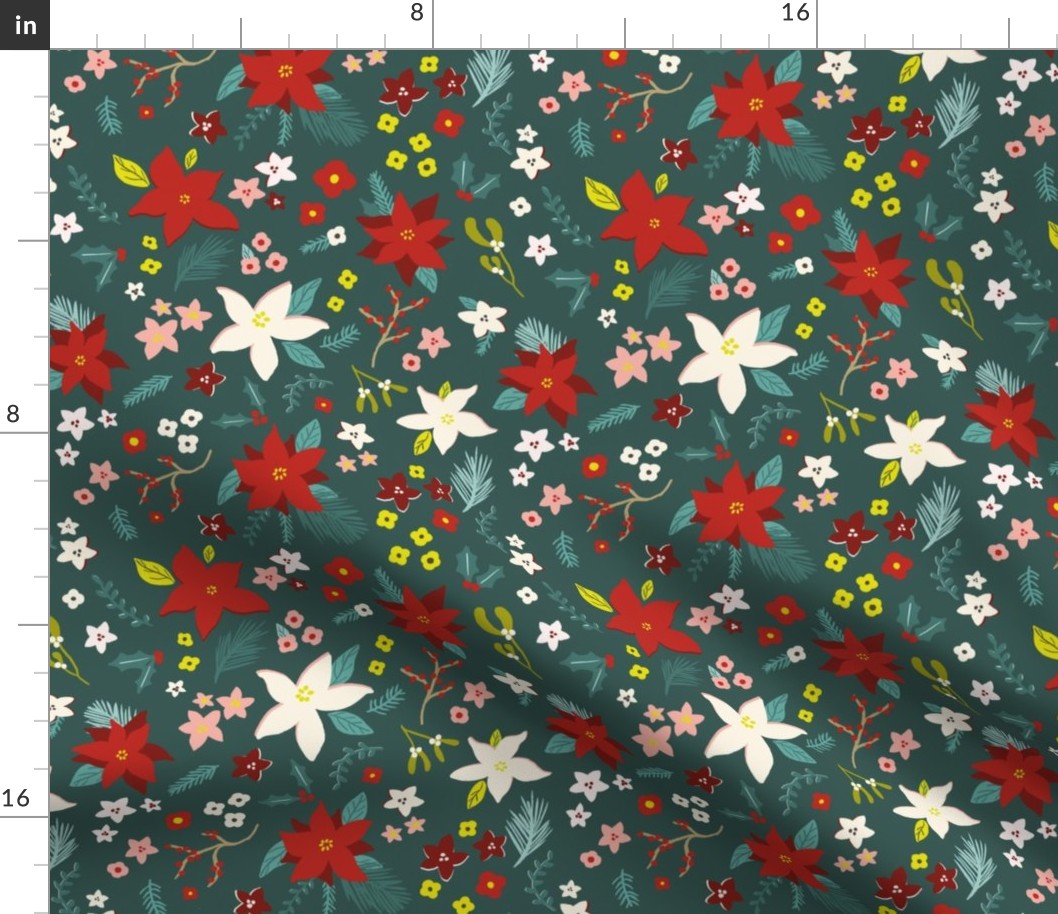 Christmas poinsettia floral, , retro green paired with rich crimson, medium scale