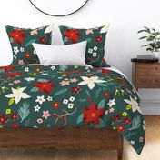 Christmas poinsettia floral, retro green paired with rich crimson, jumbo scale for bedding and wallpaper