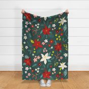 (L) Christmas poinsettia floral, retro green paired with rich crimson, large scale