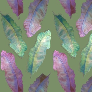 Watercolor Leaves minimal on Sage green- Med. Scale 