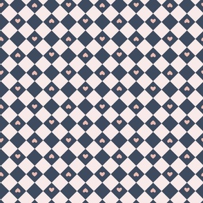 Small Diagonal Checkerboard with Hearts in Dark Blue and Pink