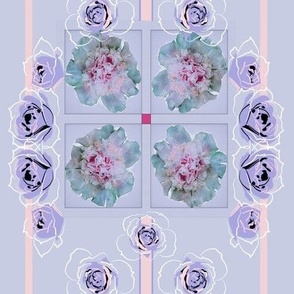 8x12-Inch Half-Drop Repeat of Lavender Roses and Peonies with Soft Pink Stripes on Lavender Background