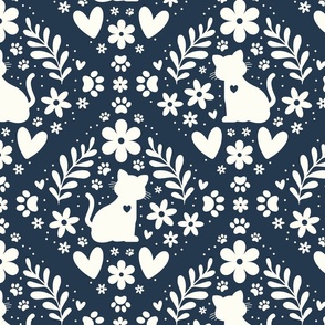 Large Scale Cat Floral Damask Ivory on Navy