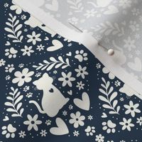 Small Scale Cat Floral Damask Ivory on Navy