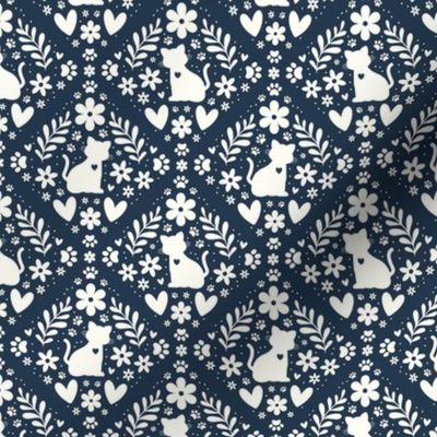 Small Scale Cat Floral Damask Ivory on Navy