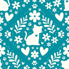 Large Scale Cat Floral Damask Ivory on Lagoon Blue