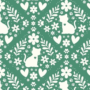 Large Scale Cat Floral Damask Ivory on Soft Pine Green