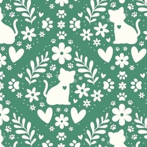 Medium Scale Cat Floral Damask Ivory on Soft Pine Green