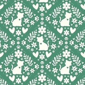Small Scale Cat Floral Damask Ivory on Soft Pine Green