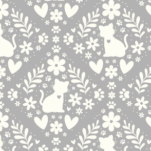 Large Scale Cat Floral Damask Ivory on Grey