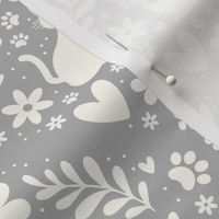 Medium Scale Cat Floral Damask Ivory on Grey