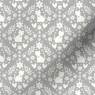 Small Scale Cat Floral Damask Ivory on Grey