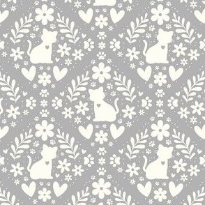 Small Scale Cat Floral Damask Ivory on Grey