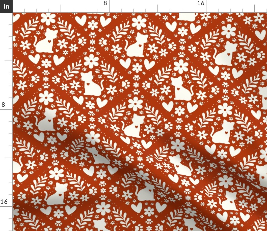 Medium Scale Cat Floral Damask Ivory on Rust