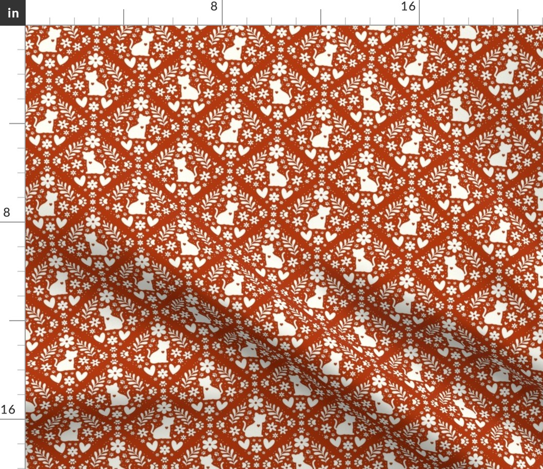 Small Scale Cat Floral Damask Ivory on Rust