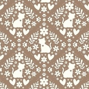 Small Scale Cat Floral Damask Ivory on Mushroom Tan