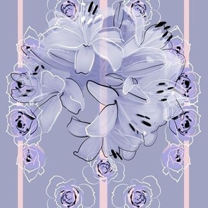 Large-Size Half-Drop of Lavender Roses and Lilies with Soft Pink Stripes on Lilac Lavender Background 