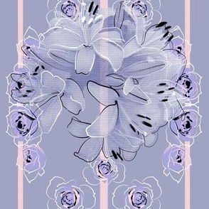 Large-Size of Lavender Roses and Lilies with Soft Pink Stripes on Lilac Lavender Background