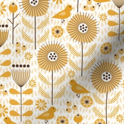 Calm Scandi Meadow / Folk Art / Birds Flowers / Golden Orange / Medium