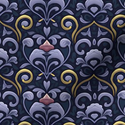 Painted Flourish Damask in Muted Cobalt and Gold