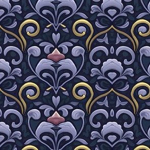 Painted Flourish Damask in Muted Cobalt and Gold