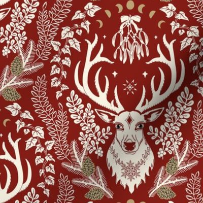 Retro Christmas deer with moon phases, mistletoe, ivy, pine cones and berries - ivory and dark ivory/gold on dark poppy red - medium