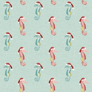 Coastal, Holiday, Christmas, Seahorses, Linen Background, Fabric, JG_Anchor_Designs, #Seahorse #Christmas #Coastal #sea