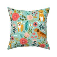 Dogs and Floral, Dog Fabric, Cute Dog Print