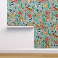 Dogs and Floral, Dog Fabric, Cute Dog Print