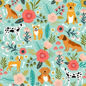 Dogs and Floral, Dog Fabric, Cute Dog Print